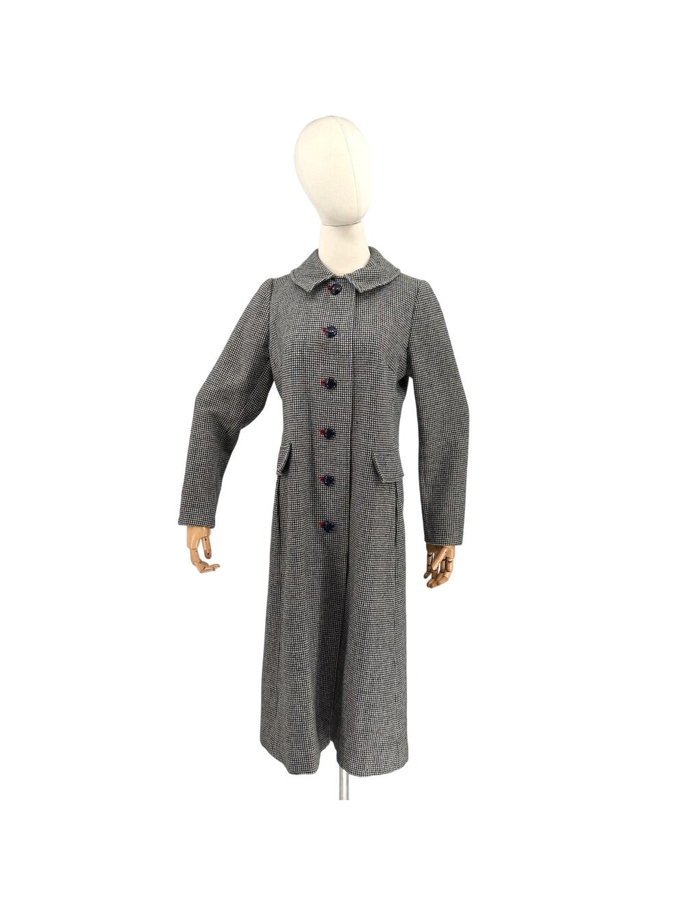 Vintage 60s Montaldos Black White Houndstooth Long Overcoat